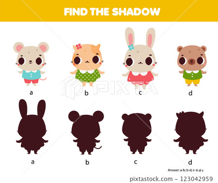 Shadow matching game for children. Kids activity with cute cartoon animals. Learning page for toddlers Shadow matching game for children. Kids activity with cute cartoon animals. Learning page for toddlers 123042959