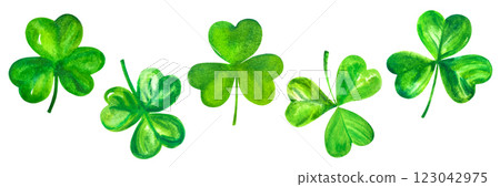 A set of green watercolor shamrocks, Irish three leaf clovers A set of green watercolor shamrocks, Irish three leaf clovers 123042975