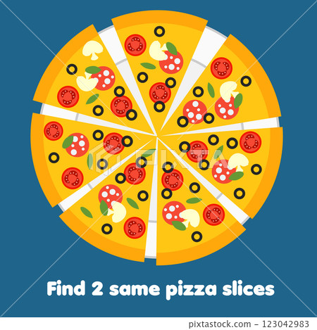 children educational game. Find the same pictures. Find two identical pizza slices 123042983