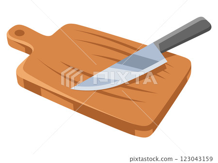 Cutting board with knife. Stylized kitchen object for cooking recipe and menu. 123043159