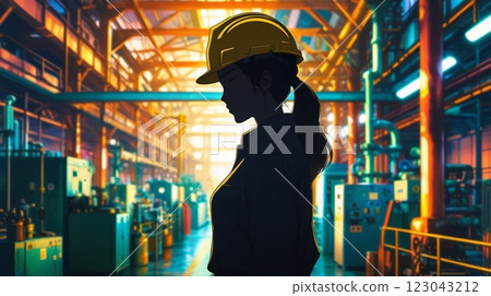 A woman wearing a helmet working in a factory 123043212