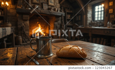 Medieval Tavern Table with Beer Mugs and Bread, Cozy Fireplace 123043267