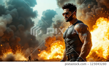 Muscular Action Man with Sunglasses and Explosion Background 123043280