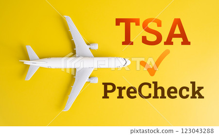 Airplane and TSA pre-check. Fast airport security clearance check. Passenger convenience, air travel efficiency, and airport procedures. 123043288