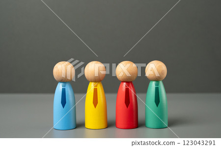 Figures of people with ties. Workers and employees. Different departments. Corporate structure, teamwork, office hierarchy. Professional roles in a business environment. 123043291