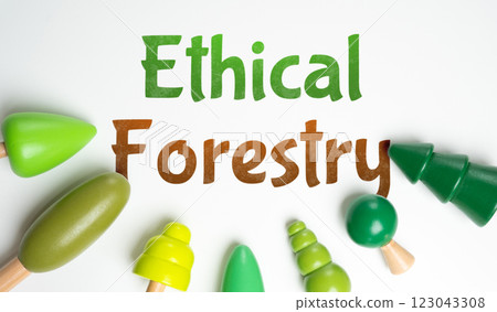 Ethical forestry inscription and tree figures. Sustainable forestry, environmental responsibility. Eco-friendly practices, conservation, and responsible resource management. Ethical forestry inscription and tree figures. Sustainable forestry, environmental responsibility. Eco-friendly practices, conservation, and responsible resource management. 123043308