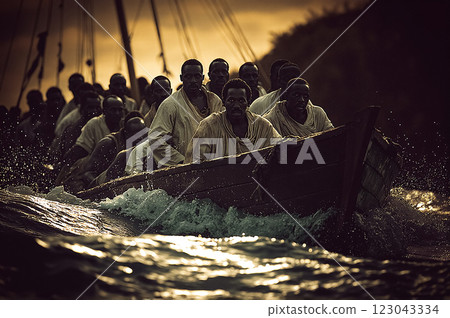 Dramatic Historical Scene of Determined Rowers on a Traditional Boat Amidst Waves 123043334