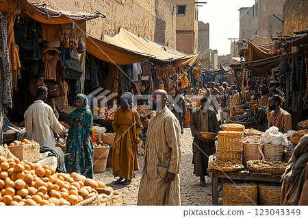 Vibrant Historic Marketplace Scene Filled with People in Traditional Clothing 123043349