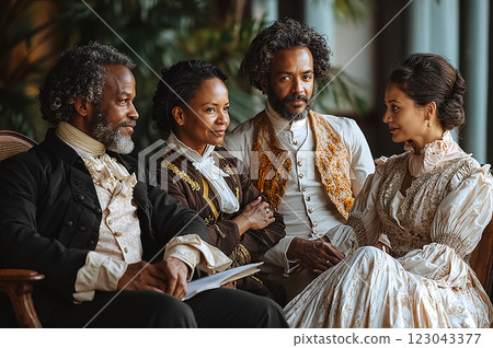 Historical Scene with Four People Dressed in 19th Century Attire Captured Beautifully Historical Scene with Four People Dressed in 19th Century Attire Captured Beautifully 123043377