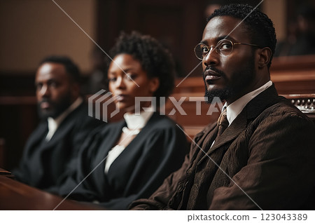 Dramatic Courtroom Scene Featuring Historic Legal Professionals in Black Attire 123043389