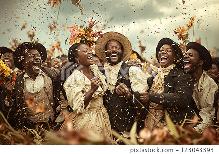 Vibrant Celebration in History Scene with Joyful Faces and Colorful Floral Crowns 123043393