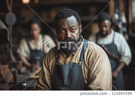 Authentic Historical Scene Showcasing Skilled Blacksmith in 19th Century Workshop 123043399
