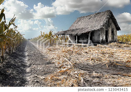 Abandoned Historical Dwelling Surrounded by Cornfields and Blue Sky Abandoned Historical Dwelling Surrounded by Cornfields and Blue Sky 123043415