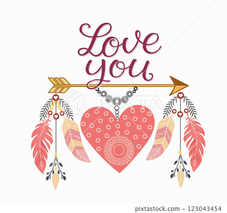 lettering Love you print design with arrow, heart and feathers lettering Love you print design with arrow, heart and feathers 123043454