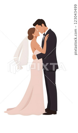 Romantic Wedding Kiss Illustration of Bride and Groom in Elegant Attire Romantic Wedding Kiss Illustration of Bride and Groom in Elegant Attire 123043499