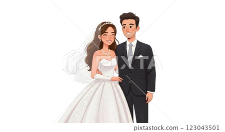 Smiling Bride and Groom in Elegant Wedding Attire - Romantic Illustration Smiling Bride and Groom in Elegant Wedding Attire - Romantic Illustration 123043501