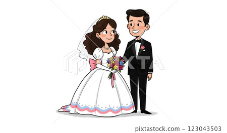Vintage-Inspired Cartoon Wedding Couple with Bride in a Colorful Dress 123043503