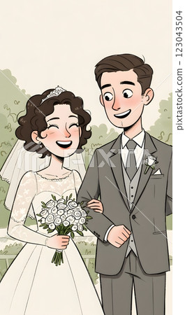 Vintage-Style Wedding Illustration of a Smiling Bride and Groom 123043504