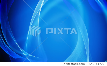 Swirling blue light patterns flow smoothly, creating a fluid abstract design. The luminous hues blend seamlessly against a solid blue background. 123043772