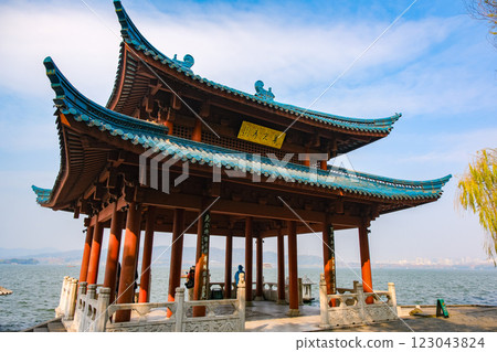 West Lake Cuiguang Pavilion, a world heritage site in Hangzhou, Zhejiang Province, China 123043824