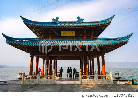 West Lake Cuiguang Pavilion, a world heritage site in Hangzhou, Zhejiang Province, China 123043825