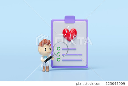 3d check list for health with heart, heartbeat, doctor holding a magnifying glass isolated on blue background. health check report concept, 3d illustration render 3d check list for health with heart, heartbeat, doctor holding a magnifying glass isolated on blue background. health check report concept, 3d illustration render 123043909