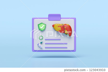 3d checklist for health fatty liver disease isolated on blue background. health check report, time to give medicine concept, 3d illustration render 123043910
