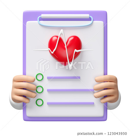 3d doctor hand holding checklist for health with heart, heartbeat isolated. health check report concept, 3d illustration render 123043930