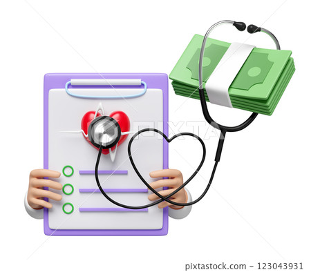 3d doctor hand holding checklist for health with stethoscope, banknote stack, heart, heartbeat isolated. Health check cost concept, 3d illustration render 3d doctor hand holding checklist for health with stethoscope, banknote stack, heart, heartbeat isolated. Health check cost concept, 3d illustration render 123043931