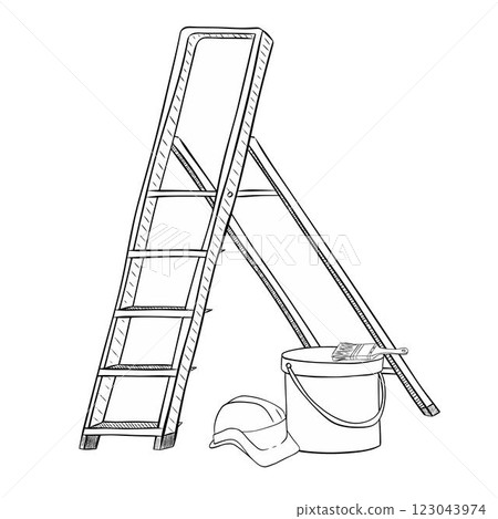 Graphic line vector composition of Ladder, can, bucket with color, brush and protective helmet. Room painter. Construction worker. line draw design vector graphic illustration 123043974