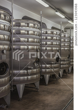 Stainless steel fermentation tanks, modern winery. Industrial equipment used for wine production and aging. Wineries production area, winemaking Stainless steel fermentation tanks, modern winery. Industrial equipment used for wine production and aging. Wineries production area, winemaking 123043988
