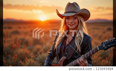 Blonde Woman in Cowboy Hat with Acoustic Guitar and Rural American Landscape 123043994