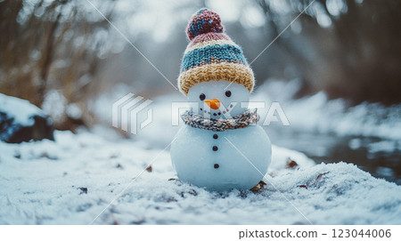 Small cute kind snowman made of ice with knitted multicoloured hat in snowy forest. Winter day. Wintertime fun. Cold season. Happy New Year, Christmas This is AI-generated item 123044006