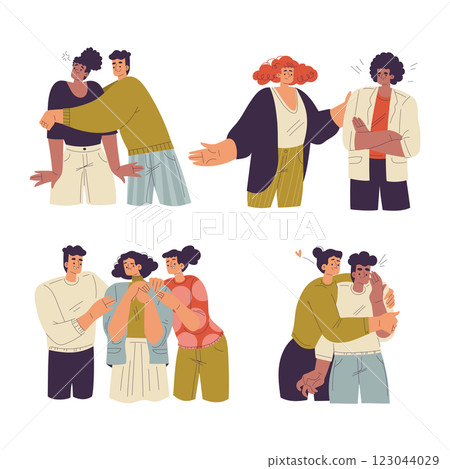 Unwanted Hugs with Man and Woman Feel Annoyed from Unwelcome Awkward Touch Vector Set 123044029