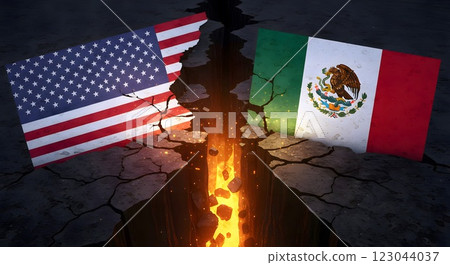USA-Mexico Border Conflict Concept with Cracked Flags and Fiery Rift 123044037