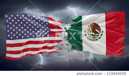 USA-Mexico Flags Breaking Apart in Storm Representing Diplomatic Conflict 123044039