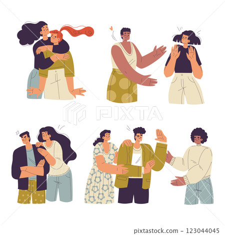 Unwanted Hugs with Man and Woman Feel Annoyed from Unwelcome Awkward Touch Vector Set 123044045