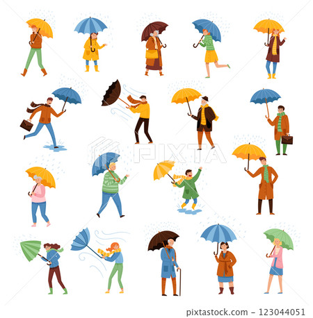 People Holding Umbrella Walk in Rainy Stormy Weather Vector Set 123044051