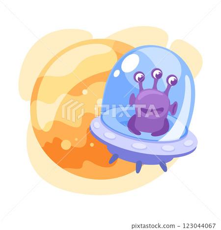 Purple Alien Character in Ufo Shuttle Vector Illustration 123044067