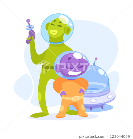 Purple Alien Character in Helmet Stand with Pistol Vector Illustration Purple Alien Character in Helmet Stand with Pistol Vector Illustration 123044069