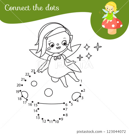 Cute garden fairy elf on mushroom. Connect the dots Children educational game. Dot to dot by numbers activity for kids and toddlers. Cute garden fairy elf on mushroom. Connect the dots Children educational game. Dot to dot by numbers activity for kids and toddlers. 123044072