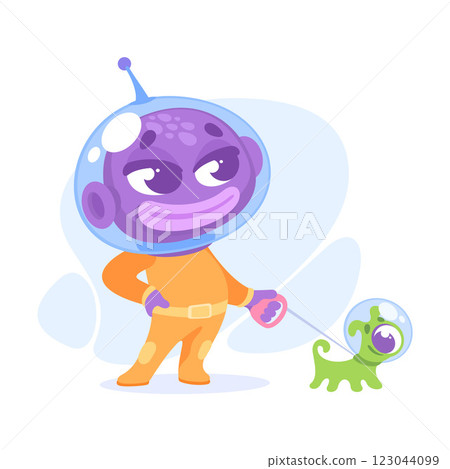 Purple Alien Character in Helmet Walk Dog Vector Illustration Purple Alien Character in Helmet Walk Dog Vector Illustration 123044099