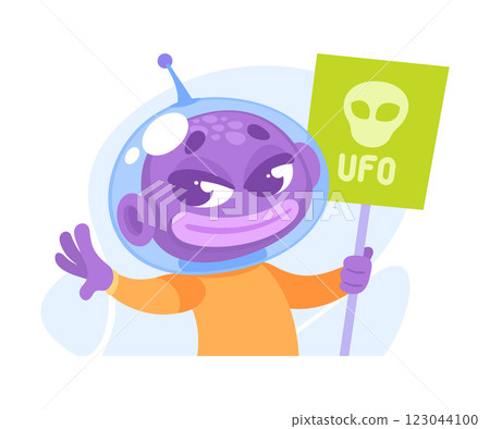 Purple Alien Character in Helmet Hold Banner Vector Illustration Purple Alien Character in Helmet Hold Banner Vector Illustration 123044100
