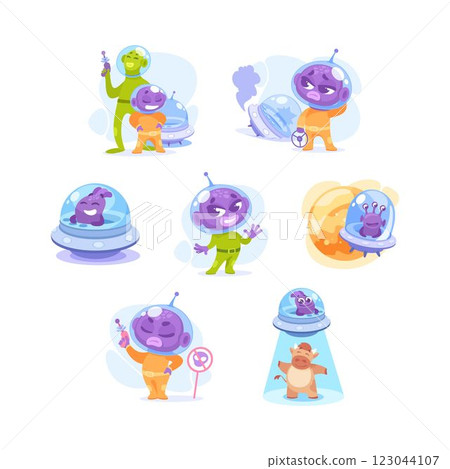 Alien Character in Ufo Shuttle and Spaceship Vector Illustration Set Alien Character in Ufo Shuttle and Spaceship Vector Illustration Set 123044107