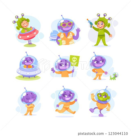 Ufo and Alien Character in Spacesuit and Shuttle Vector Set 123044110
