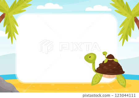 Cute Turtle Note Card with Funny Animal Vector Template 123044111