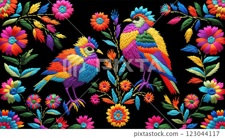 Vector traditional hungarian embroidery. Bright floral ornament with birds on dark background 123044117