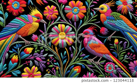 Vector traditional hungarian embroidery. Bright floral ornament with birds on dark background 123044118