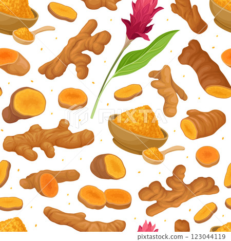 Turmeric Root Nature Spice and Plant Seamless Pattern Design Vector Template 123044119