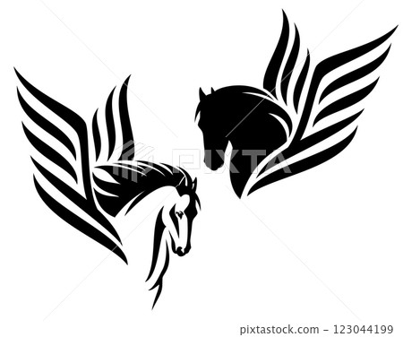 black and white vector design set of mythical pegasus horse with stylized wings 123044199